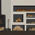 Modern Interior Featuring Multiple Fireplaces With Burning Flames And Stacked Firewood Logs 3d model