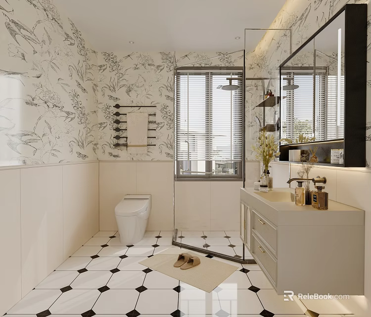 Elegant Bathroom Interior Featuring Marble Walls Black White Diamond Tiles Shower And Vanity 3d model 