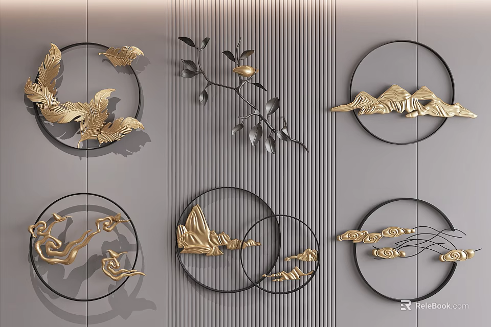 Elegant Gold Metal Wall Decor With Circular Frames Birds And Mountain Patterns 3d model