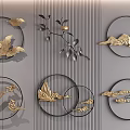 Elegant Gold Metal Wall Decor With Circular Frames Birds And Mountain Patterns 3d model