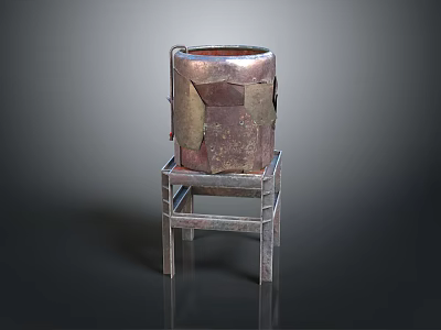 Vintage Copper Container On Metal Stand Featuring Rustic Patched Surface Design 3d model