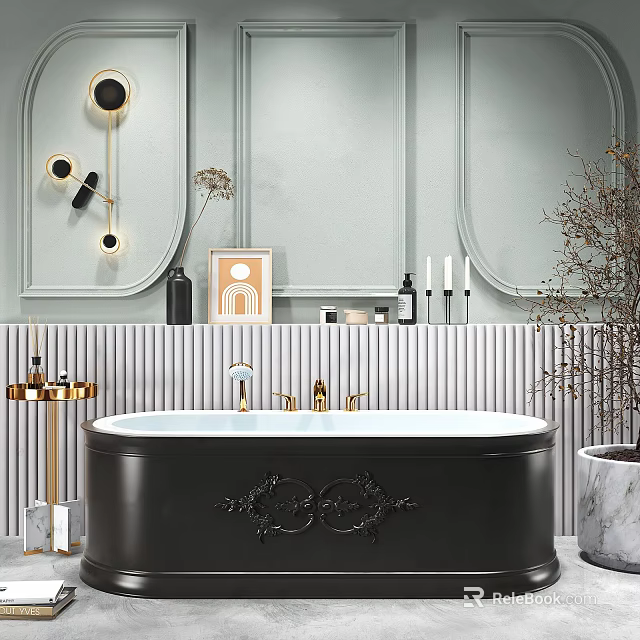 Luxury Black Bathtub With Gold Faucet Gray Wall Decorative Bottles Candles And Green Plant 3d model 