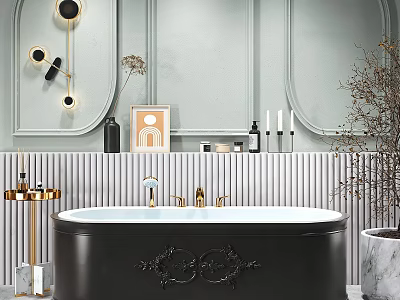 Luxury Black Bathtub With Gold Faucet Gray Wall Decorative Bottles Candles And Green Plant 3d model