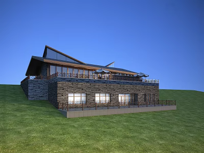 Modern Detached Villa With Hillside Stone Wall Large Windows And Green Lawn 3d model