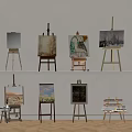 Art Studio Display Featuring Multiple Easels Various Paintings And Art Supplies 3d model