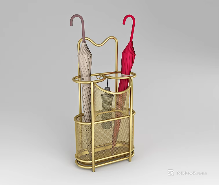 Golden Metal Umbrella Stand With Two Umbrellas For Household Daily Use 3d model 
