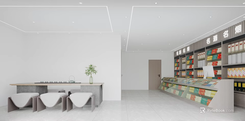 Modern Tobacco and Alcohol Store Interior With Product Shelves Seating Area And Green Plant 3d model 