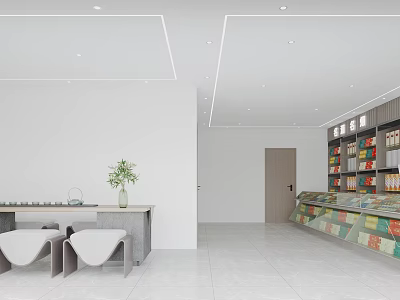 Modern Tobacco and Alcohol Store Interior With Product Shelves Seating Area And Green Plant 3d model