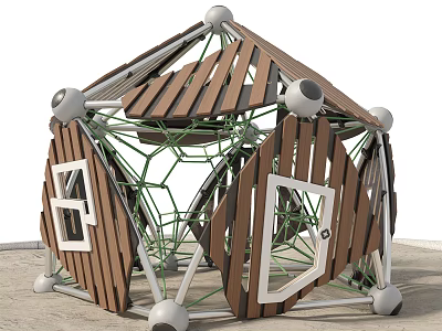 Geometric Children's Playground Equipment With Wooden Panels And Metal Frame Climbing Structure 3d model