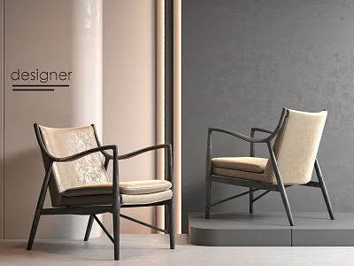Modern Designer Accent Chair With Black Metal Frame And Beige Fabric Cushion In Minimalist Interior 3d model