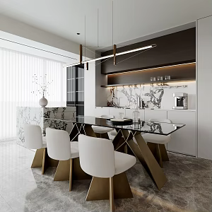 Home Restaurant Island Table Dining Table and Chair Wine Cabinet Restaurant Chandelier Shangri-La Curtain 3d model