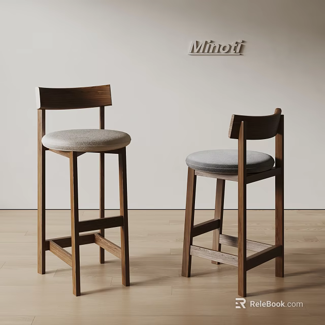 Modern Minotti Bar Stools With Wooden Frame And Light Gray Upholstered Seats 3d model 