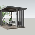 Modern Outdoor Pergola With Wooden Roof Pillars Green Plants Sofa And Hanging Lights