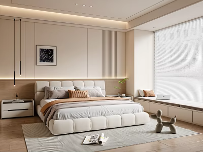 Modern Bedroom Interior With White Bed Headboard Pendant Lights Wall Art Window Blinds And Rug 3d model