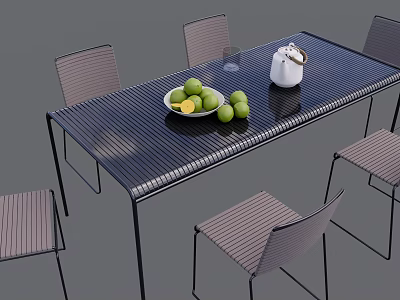 Outdoor Table with Chairs and Tabletop Setup Featuring White Teapot Bowl of Limes and Glass 3d model