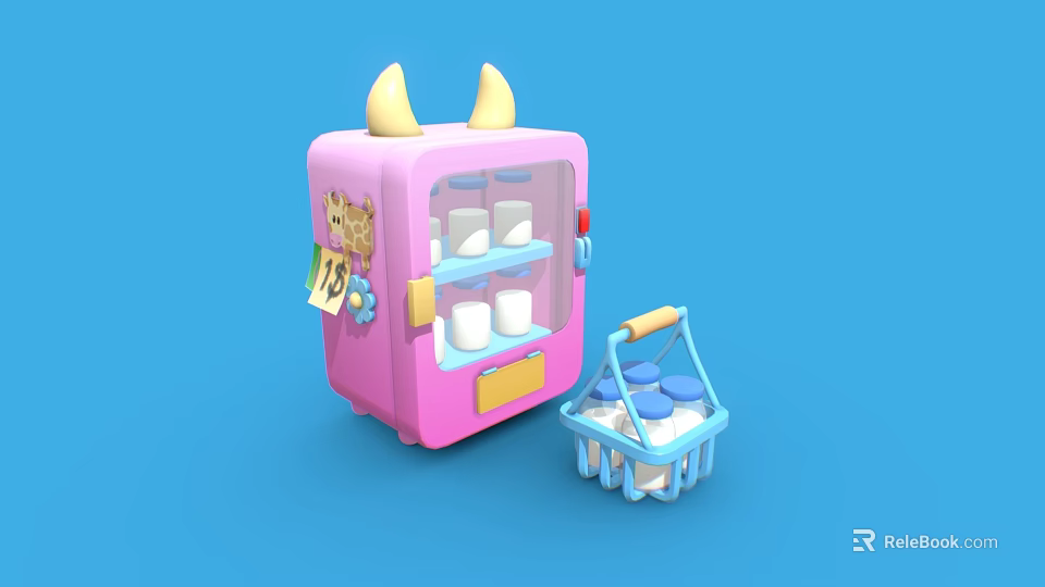 Cute Pink Refrigerator With Yellow Horns Blue Basket Milk Cartons And Price Tag 3d model 