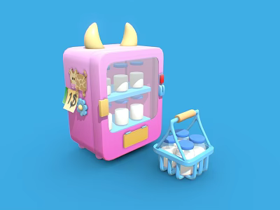 Cute Pink Refrigerator With Yellow Horns Blue Basket Milk Cartons And Price Tag 3d model