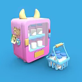 Cute Pink Refrigerator With Yellow Horns Blue Basket Milk Cartons And Price Tag