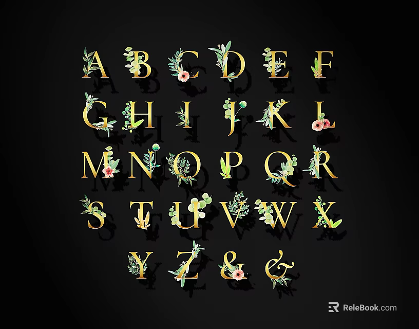 Decorative Gold Alphabet Letters With Floral Elements On Black Background 3d model 