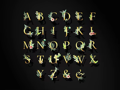 Decorative Gold Alphabet Letters With Floral Elements On Black Background 3d model