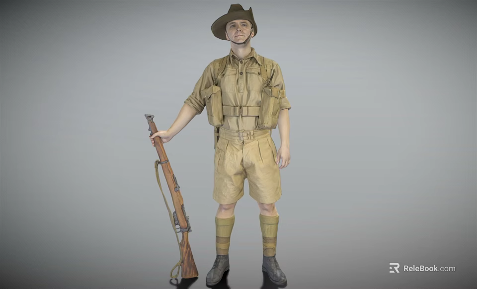 Man in Khaki Military Uniform With Hat Holding Rifle And Backpack 3d model 