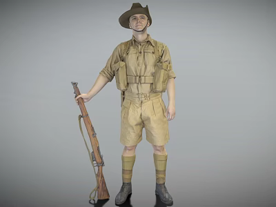 Man in Khaki Military Uniform With Hat Holding Rifle And Backpack 3d model