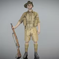 Man in Khaki Military Uniform With Hat Holding Rifle And Backpack 3d model