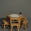 Wooden Hexagonal Dining Table Set with Benches and White Tabletop 3d model