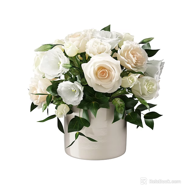 Elegant White Vase With White And Light Pink Roses And Green Leaves Floral Arrangement 3d model 