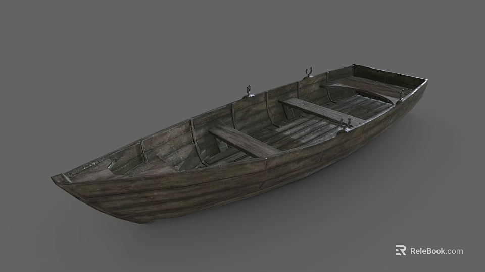 Vintage Wooden Boat With Seats And Wooden Planks On Gray Background 3d model 