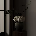 Decorative Textured Vase With White Hydrangea Flowers And Green Leaves For Home Decor