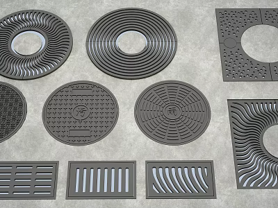 Grey Ground With Different Styles Of Manhole Covers And Grilles 3d model