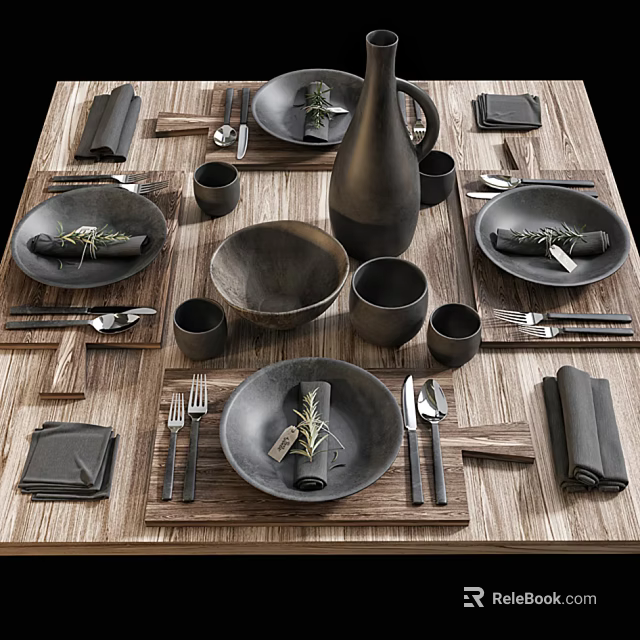Black Dinnerware Set on Wooden Table with Plates Bowls Cups Napkins and Cutlery 3d model 