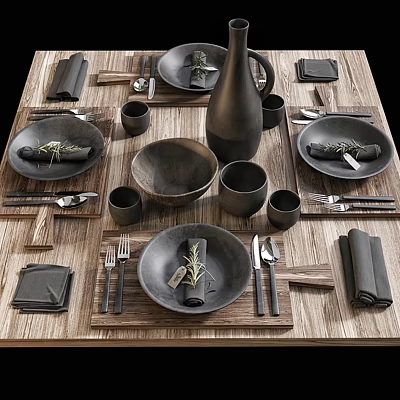 Black Dinnerware Set on Wooden Table with Plates Bowls Cups Napkins and Cutlery 3d model Black Dinnerware Set on Wooden Table with Plates Bowls Cups Napkins and Cutlery 3d model