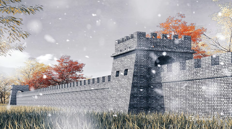 Shower Sauna Experience In Autumn Snow By Historic Stone Wall 3d model 