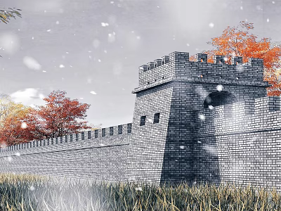 Shower Sauna Experience In Autumn Snow By Historic Stone Wall 3d model