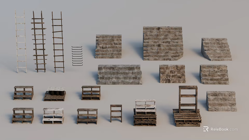 Miscellaneous Wooden Ladders Pallets And Stone Wall Decorative Items Collection 3d model