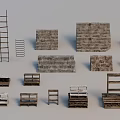 Miscellaneous Wooden Ladders Pallets And Stone Wall Decorative Items Collection 3d model