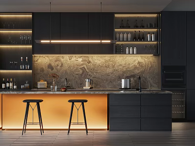 Modern Bar Counter Interior With Marble Top Dark Cabinets Ambient Lighting And Bar Stools 3d model