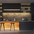 Modern Bar Counter Interior With Marble Top Dark Cabinets Ambient Lighting And Bar Stools