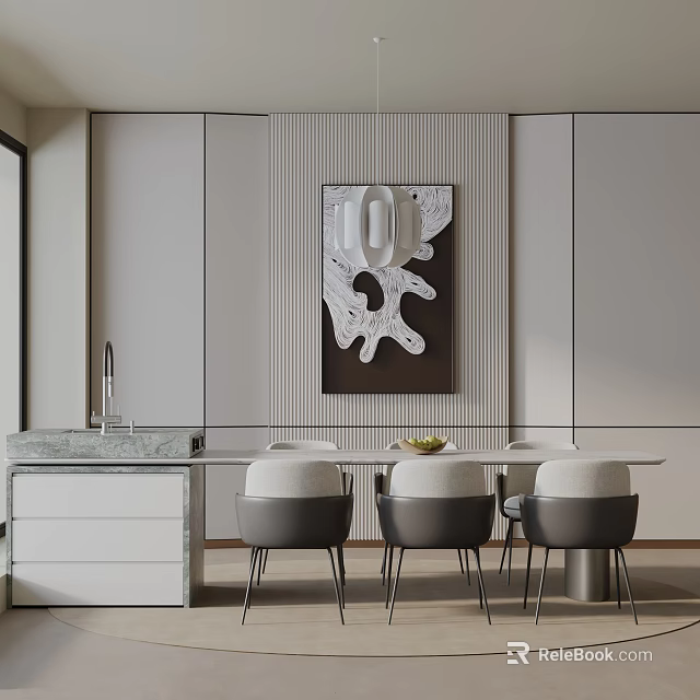 Modern Elegant Dining Table Set with Gray White Chairs Marble Cabinet Abstract Painting Wall 3d model 