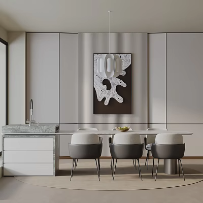 Modern Elegant Dining Table Set with Gray White Chairs Marble Cabinet Abstract Painting Wall 3d model