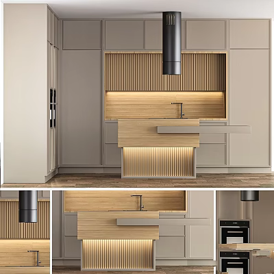 Modern Kitchen Cabinets Design With Wooden Countertop And Ambient Lighting 3d model
