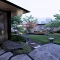 Japanese Style Garden Landscape With Wooden Lattice Gate Pond Stones And Distant Mountains