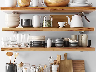 Organized Kitchen Utensils Display With Bowls Plates Mugs Teapot Glasses And Cutting Boards On Shelves 3d model