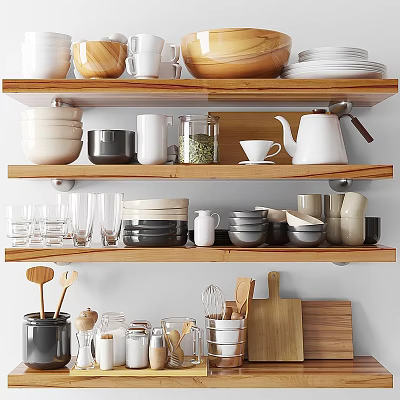 Organized Kitchen Utensils Display With Bowls Plates Mugs Teapot Glasses And Cutting Boards On Shelves 3d model