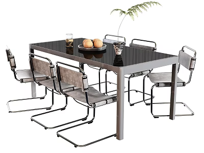 Modern Dining Table Set With Black Tabletop Six Chairs Fruits Glass And Plant 3d model