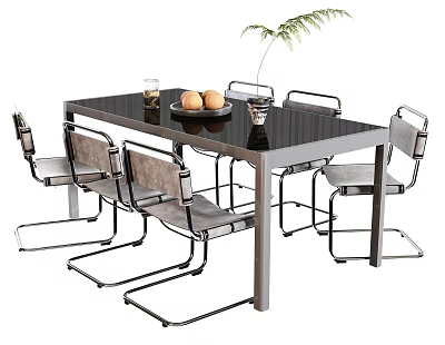 Modern Dining Table Set With Black Tabletop Six Chairs Fruits Glass And Plant 3d model