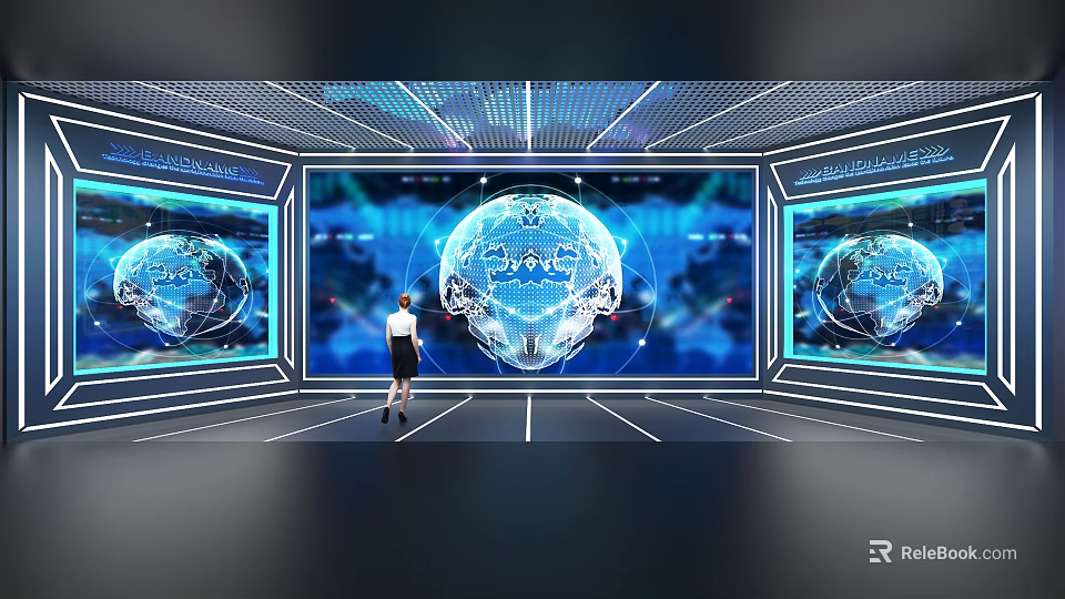 Person Standing in Futuristic Digital Space With Holographic Globe Projection Blue Screens and Lighting 3d model 