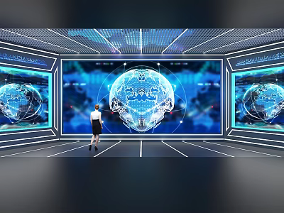 Person Standing in Futuristic Digital Space With Holographic Globe Projection Blue Screens and Lighting 3d model